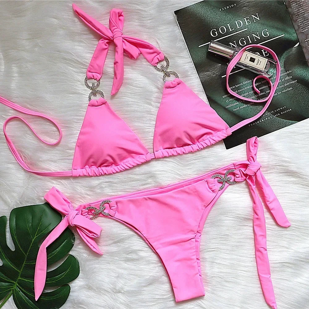 Women’s Push‑Up Crystal Strap Bikini – Shiny 7‑Color Two‑Piece Brazilian Swimsuit, Summer Beachwear