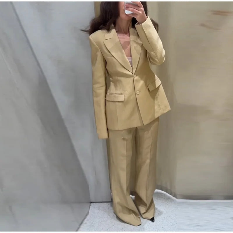 Casual Lapel Single Breasted Coats Straight Long Pants Sets Elegant Solid Suit Jackets Set for Women 2025 New Office Lady Suits