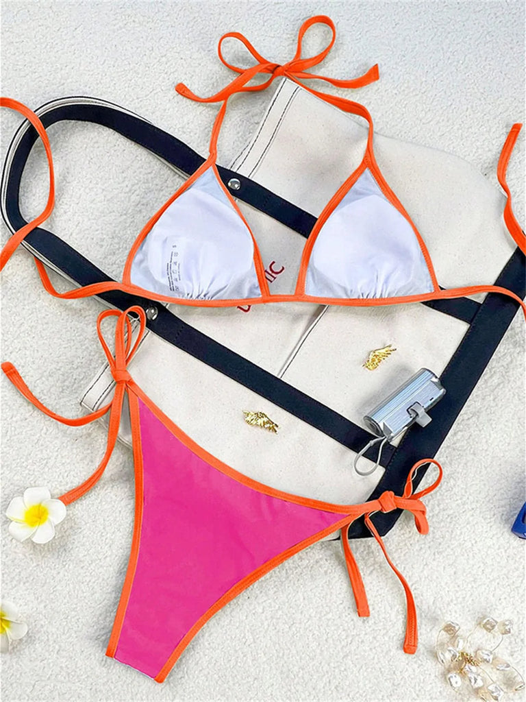 Women’s Vintage Blue Triangle Bikini – Border String Push‑Up Backless Extreme Swimsuit Beach Set