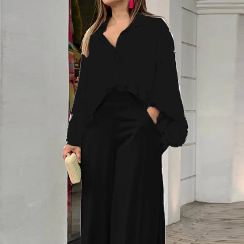 Spring And Autumn For Women's Printed Long Sleeved Shirt Set Casual Fashion Elegant Wide Leg Trousers Female Office 2 Piece Set