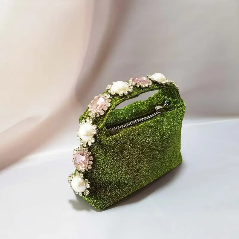 Luxury Designer Pearl Beaded Satin Hobo Bag Women Handbag Rhinestone Diamond Evening Bag Wedding Party Clutch Purse Shoulder Bag
