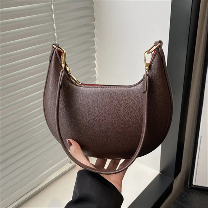 Vintage Tote Bag Retro Half Moon Pu Leather Handbag Shoulder Bags for Women Detachable Strap, Zipper Closure, Polyester Lining