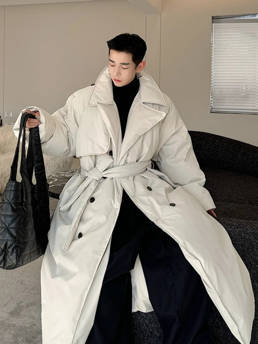 Fashionable Down Cotton-Padded Jacket Men's Trendy Winter Thickened Warm High-End Lace-up Long Overknee Long Sleeve Coats