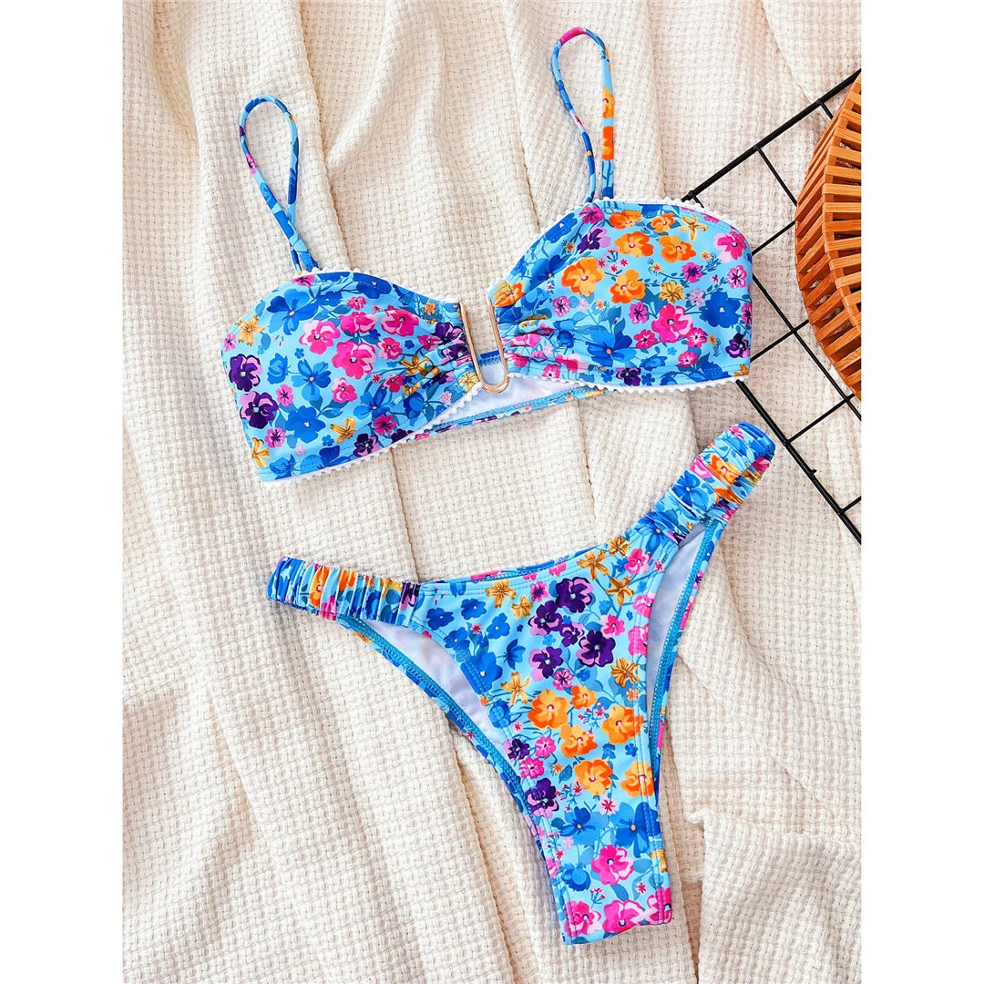 U‑Neck Floral Wrinkled Bikini
