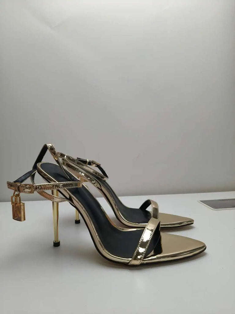 2025 New Sexy Gold Padlock High Heels One Word Buckle Open Toe Thin Heels Leather Shoes Ankle Strap Gladiator Sandal 44