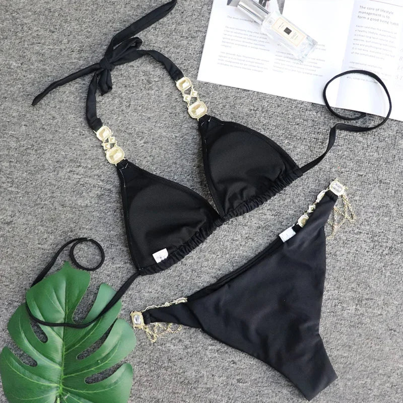 Women’s 2026 Rhinestone Diamond Bikini – Halter Chain Two‑Piece Swimsuit, Sexy Shiny Brazilian Swimwear