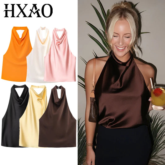 Women’s Satin Halter Backless Corset Top – Elegant Summer Sleeveless Tank in Yellow, Pink, Black