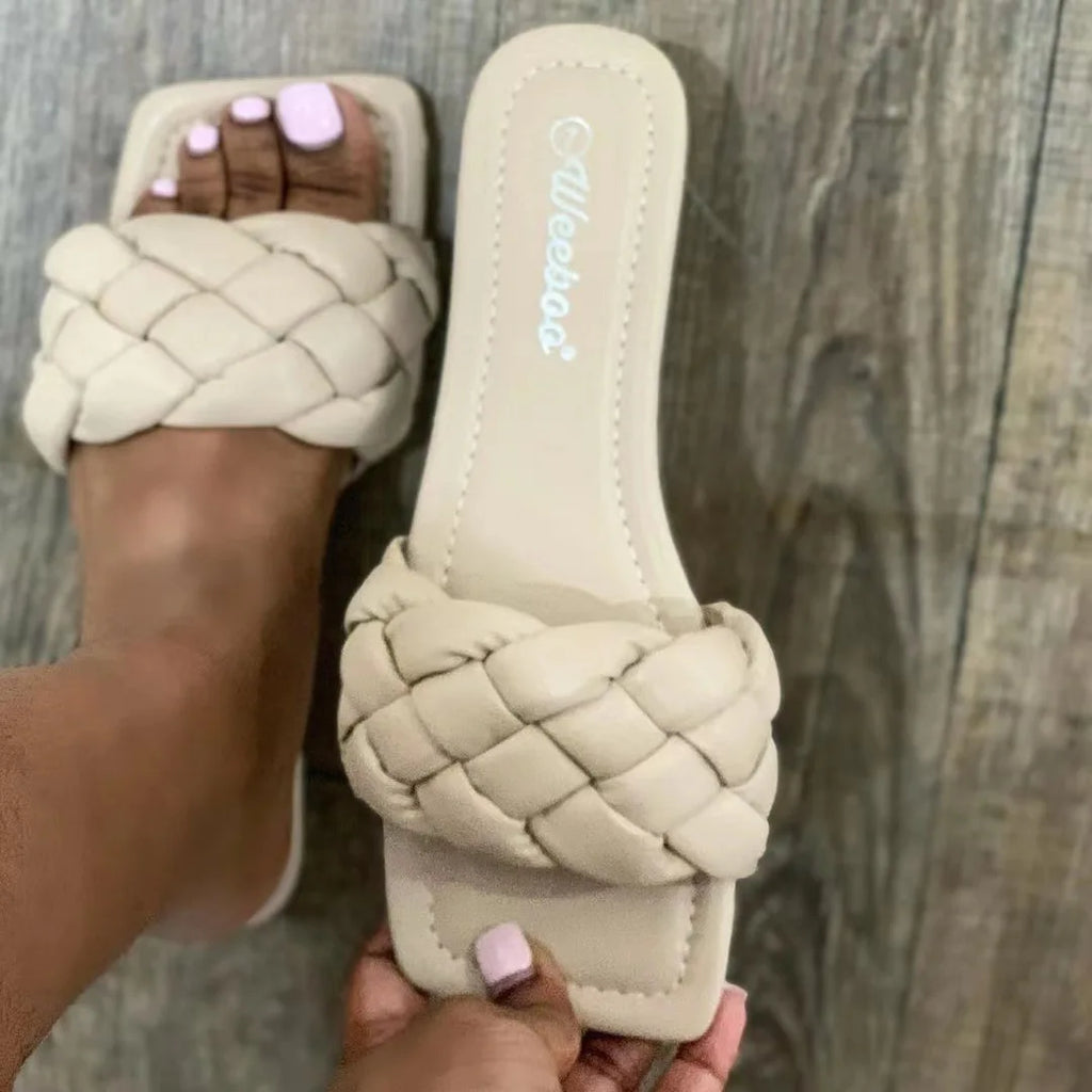 Women’s Square‑Head Woven Flat Slippers — Large‑Size Summer Beach Sandals All‑Match Casual Shoes