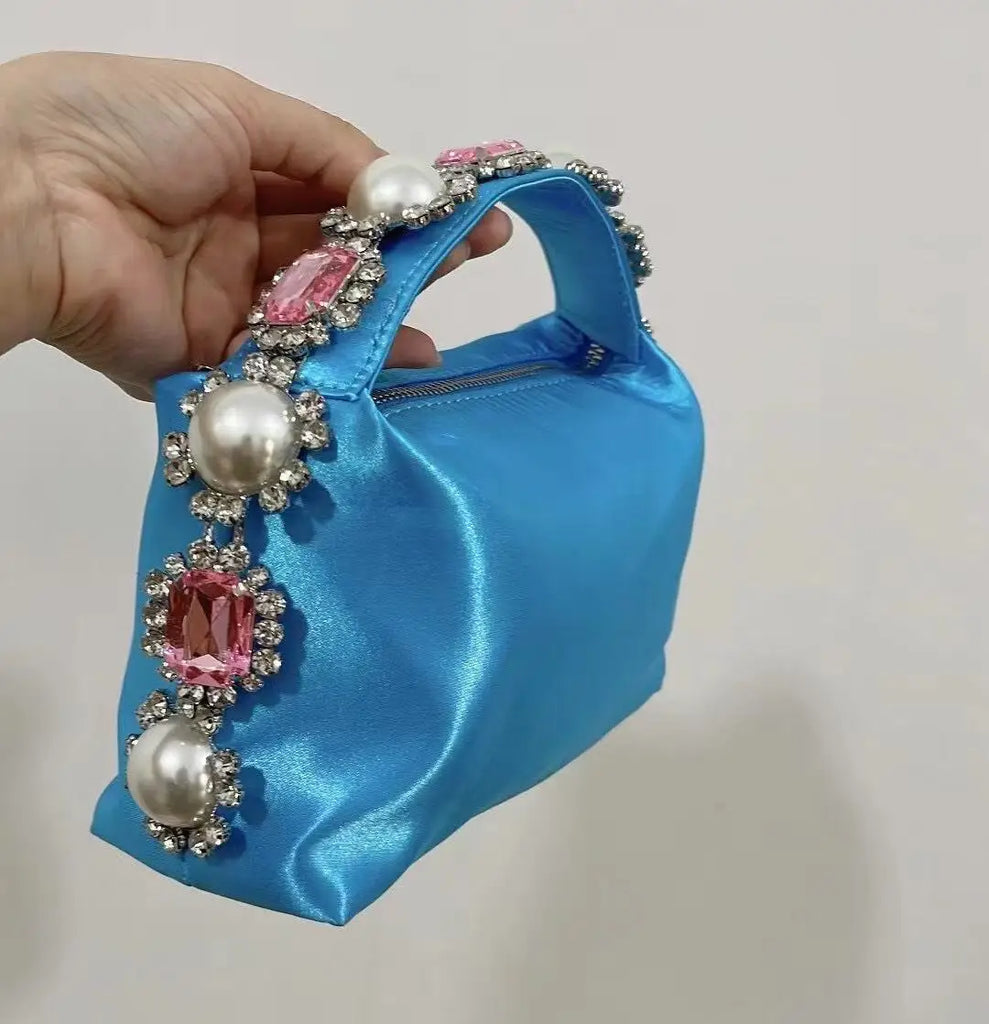 Luxury Designer Pearl Beaded Satin Hobo Bag Women Handbag Rhinestone Diamond Evening Bag Wedding Party Clutch Purse Shoulder Bag