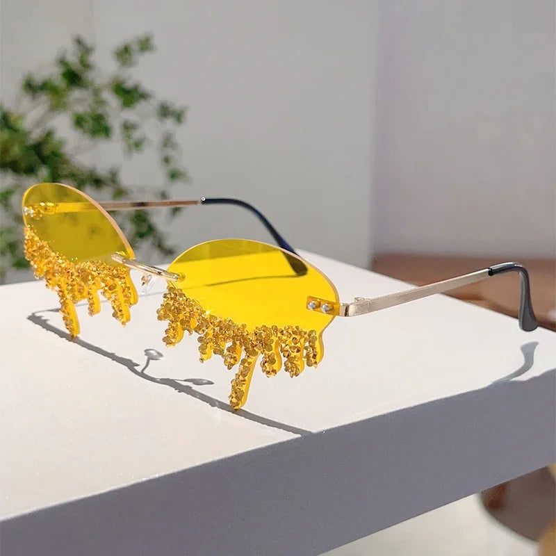 KAMMPT Rimless Tear Shaped Sunglasses with Rhinestones Women Fashion Decorative Shades Trendy Stylish Design Rave Sun Glasses