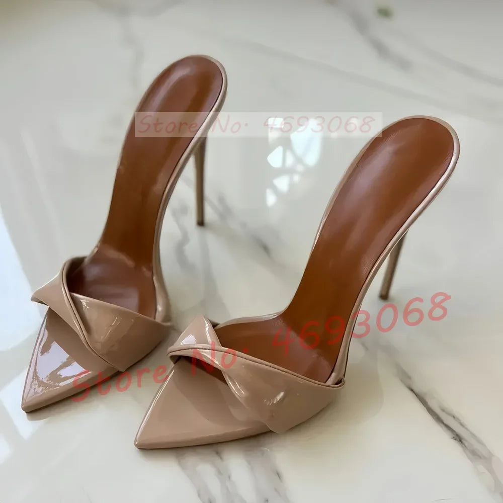 Black Twist Strap Stiletto Mules Women Sexy Red Insole High Heels Ponted Toe Slippers Ladies Stylish Outside Catwalk Party Shoes
