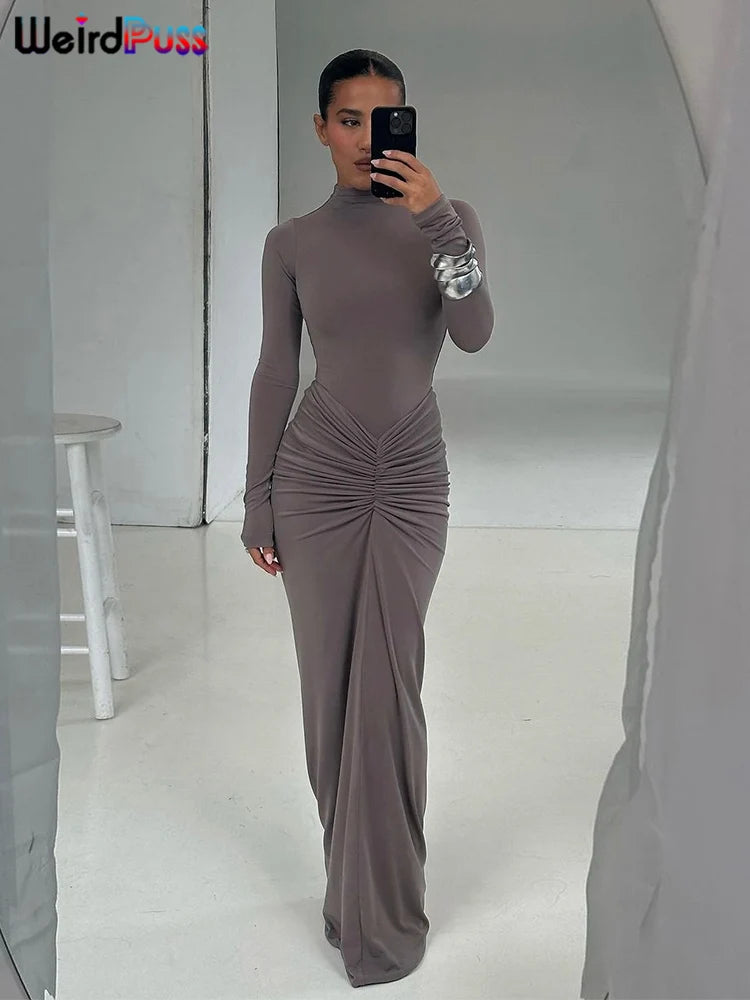 Women’s Ruched Long‑Sleeve Bodycon Dress – O‑Neck Slim Fit Hipster Pleated Autumn Classic