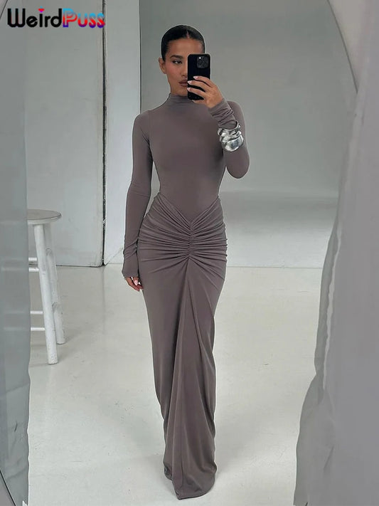 Women’s Ruched Long‑Sleeve Bodycon Dress – O‑Neck Slim Fit Hipster Pleated Autumn Classic