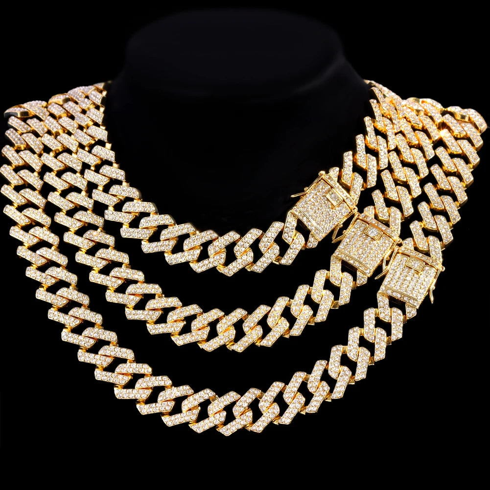 HipHop Men Iced Out Cuban Link Chain Necklace 13/14/20MM Gold Silver Color AAAA+ Rhinestone Cuba Necklace Men's Birthday Jewelry