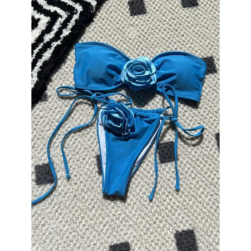OIINAA Swimsuit Women Sexy Soild Color Bikini Set 3D Floral Swimwear Split Strapless Two-Piece Biquini Lace Up Bathing Suit 2024