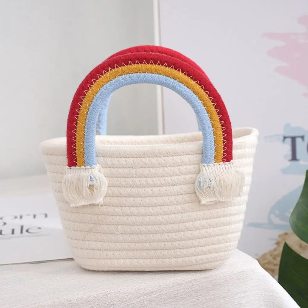 Rainbow Cotton Rope Woven Bag Handbag Girls Handmade Desktop Storage Basket Cosmetic Organizert Box Picnic Basket