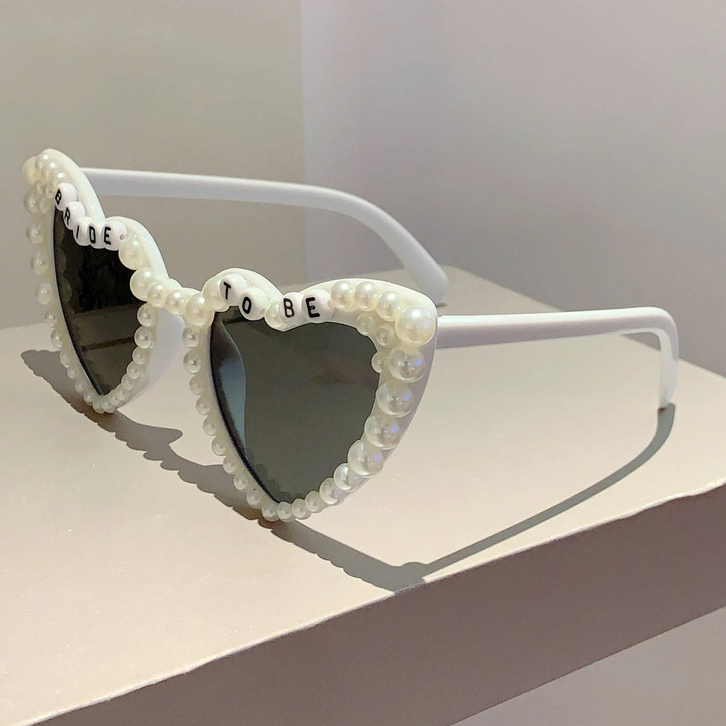 KAMMPT Heart Shaped Sunglasses with Pearls Women 2024 New in Stylish Vintage Shades for Wedding Trendy Cute Party Sun Glasses