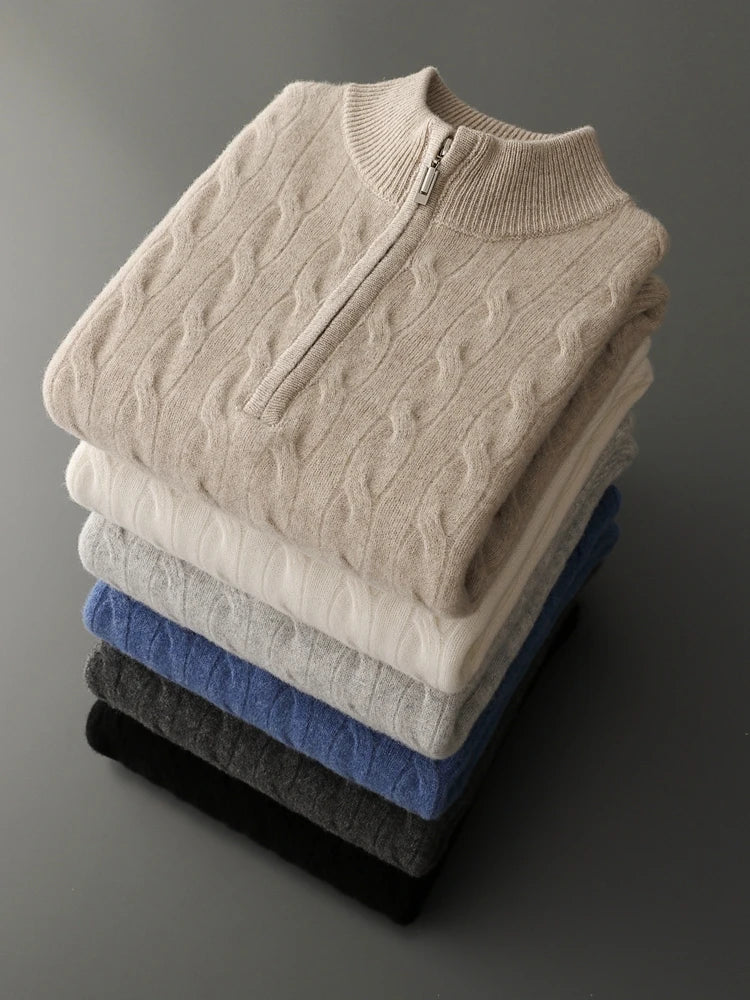 Autumn Winter Men Half Zippers 100% Merino Wool Sweater Thicken Twist Flower Pullover Retro Casual Cashmere Knitwear Solid Tops