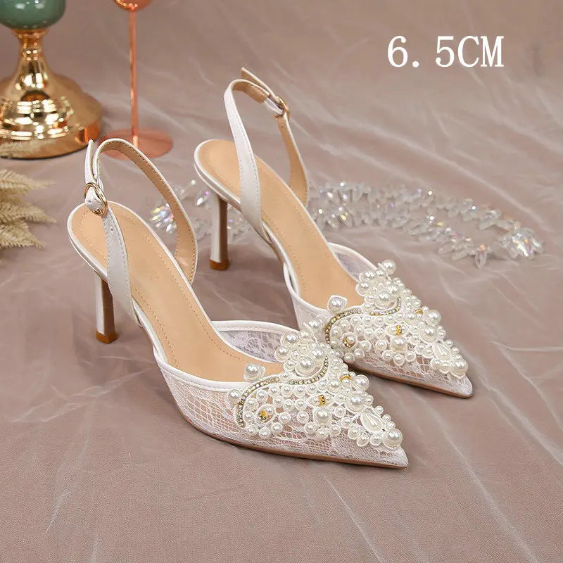 2025 White Wedding Shoes Bridesmaid Shoes Women's Lace Shoes Fashion High Heels Pearl Pumps