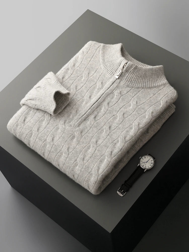 Autumn Winter Men Half Zippers 100% Merino Wool Sweater Thicken Twist Flower Pullover Retro Casual Cashmere Knitwear Solid Tops