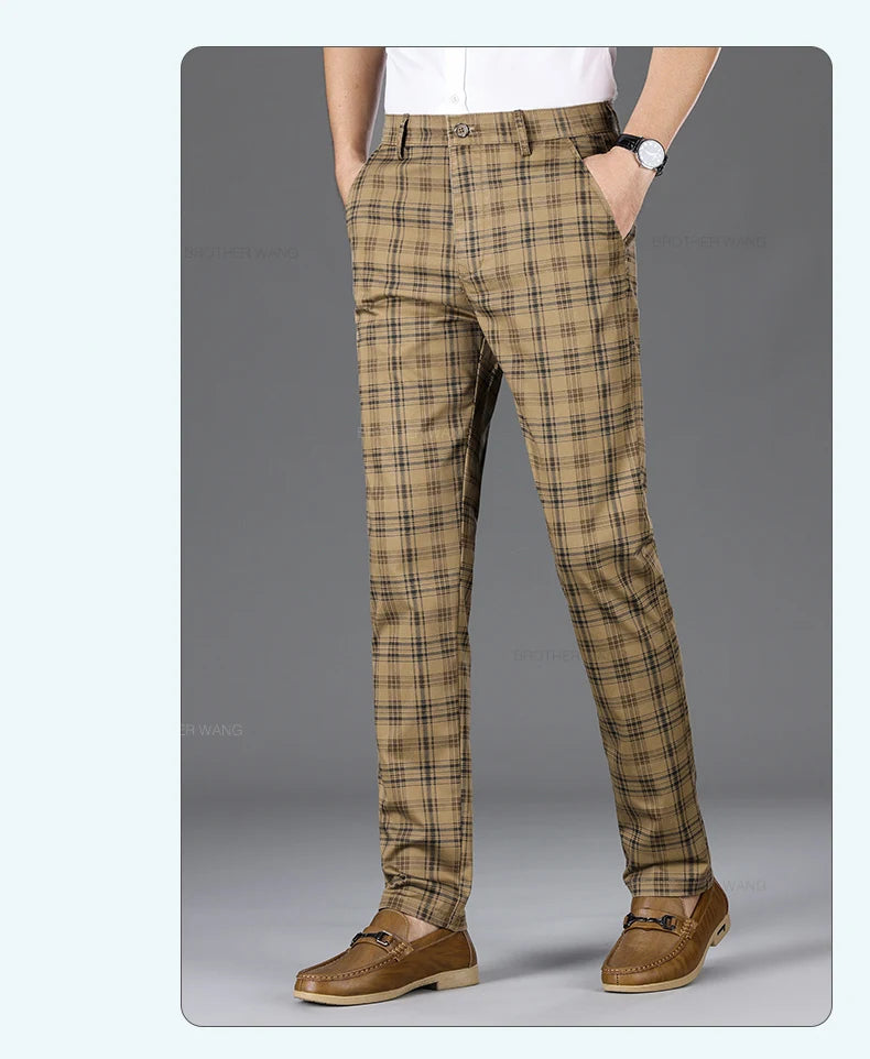Slim‑Fit Plaid Cotton Pants