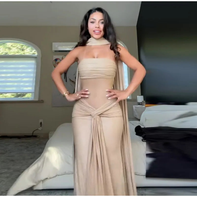 Sexy Ribbon Sparkle Strapless Draped Maxi Dress Women Sleeveless Backless Bodycon Long Dresses 2025 New Lady Club Party Robes