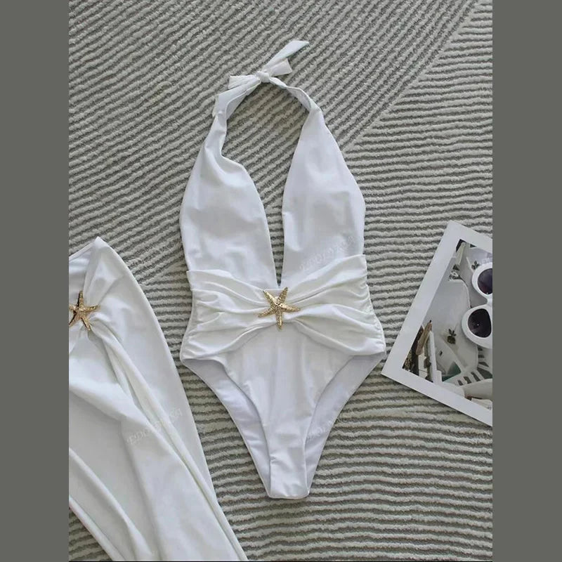 Women’s 2025 Halter Starfish Bikini Set – Deep V‑Neck Swimsuit with Side‑Split Skirt Beachwear