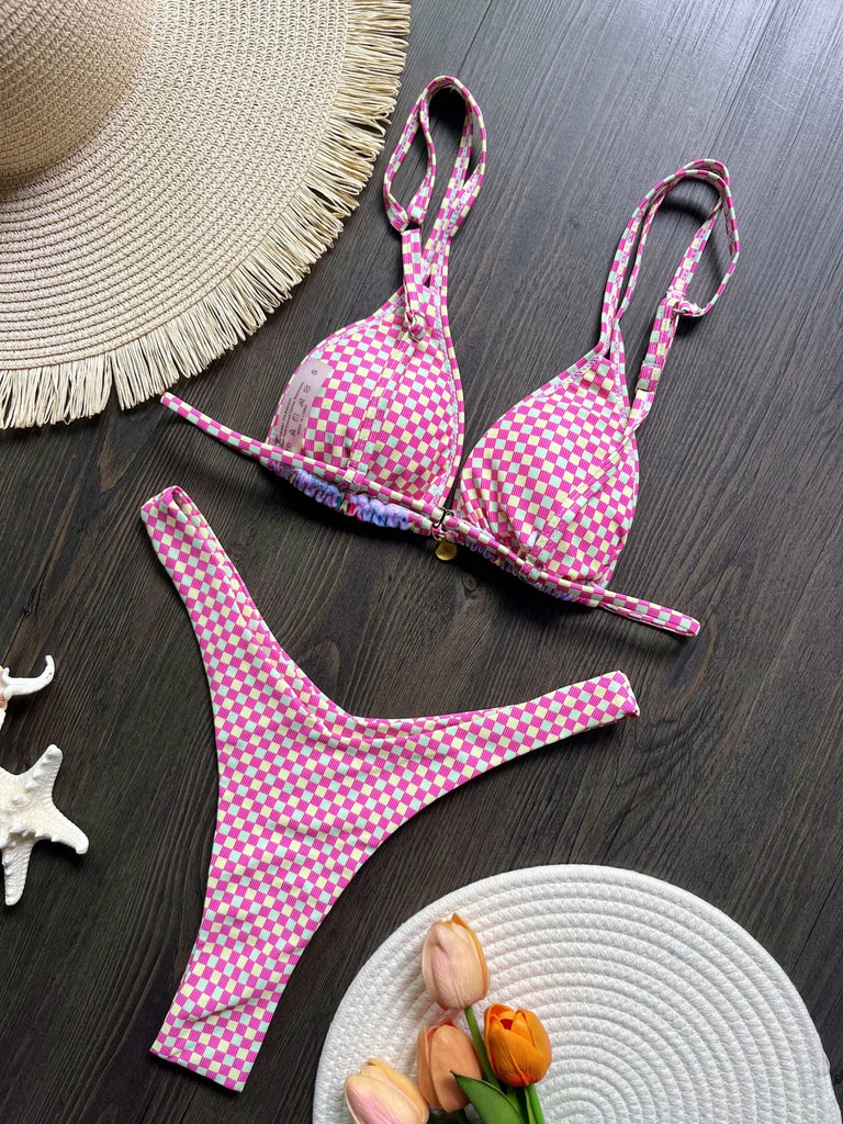 Brazilian High‑Leg Plaid Bikini