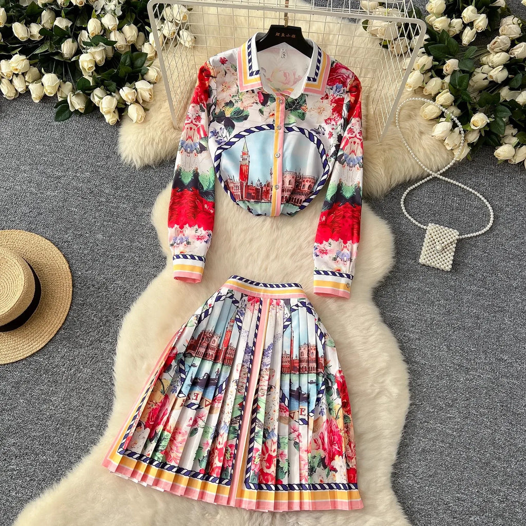 Summer Runway Holiday Gorgeous Flower Skirt Suit Long Sleeve Print Shirt Tops + Pleated Mini Skirt Women's 2 Piece Outfits Skirt