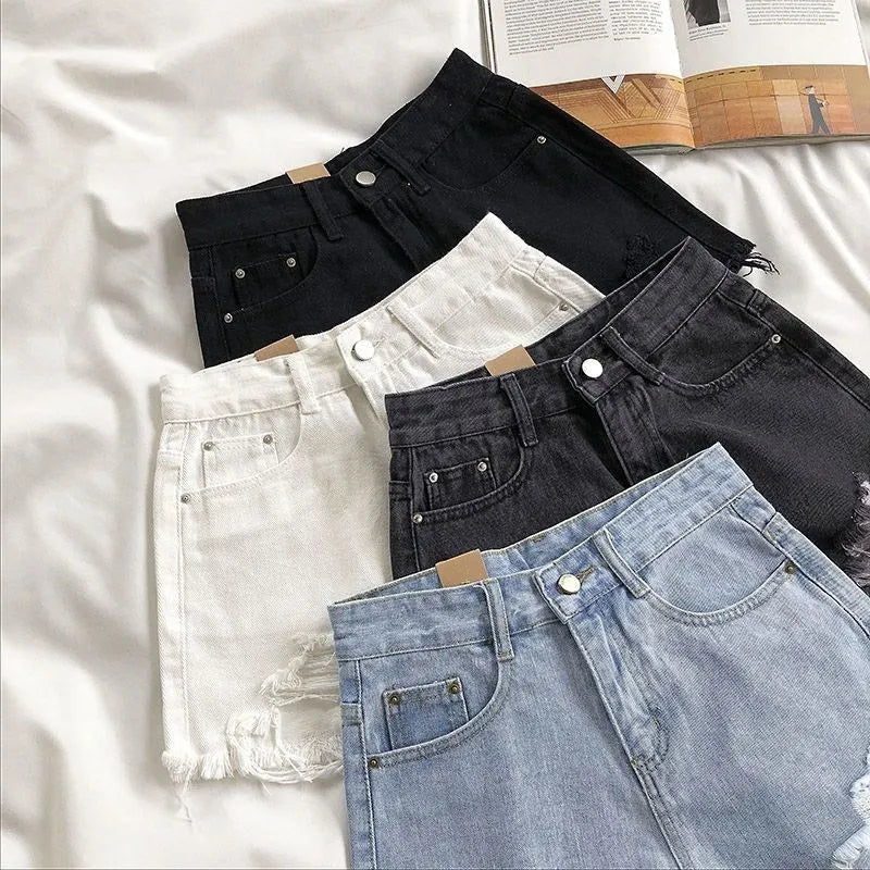 Women’s Korean High‑Waist Ripped Denim Shorts – Y2K Tassel Hot Pants Summer Streetwear (Blue)