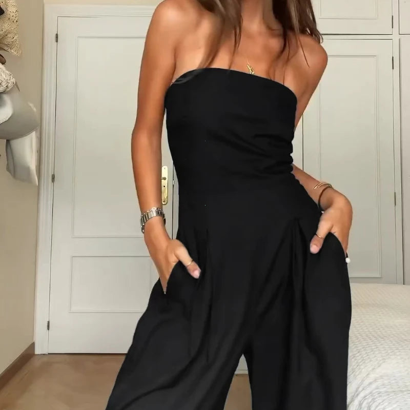 Solid Backless Women's Jumpsuit Solid Off Shoulder Waist Cinching Pockets Wide Leg Pants Lady Bodysuit Summer Female Outwears