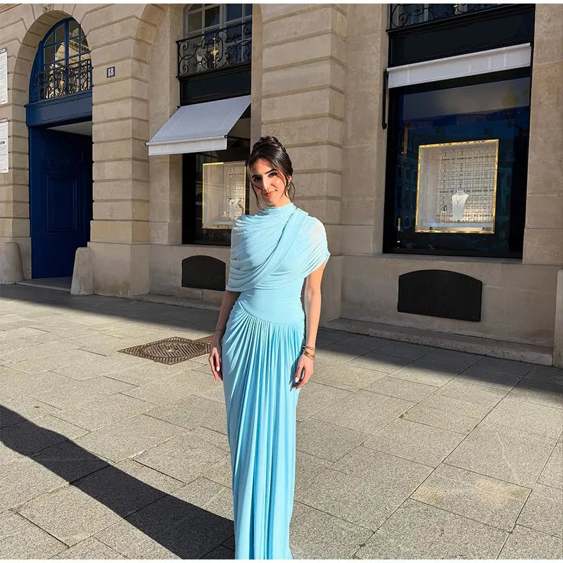 Irregular Shawl Blue Maxi Dress – Women’s 2025 Slim‑Fit Turtleneck Pleated Evening Party Dress