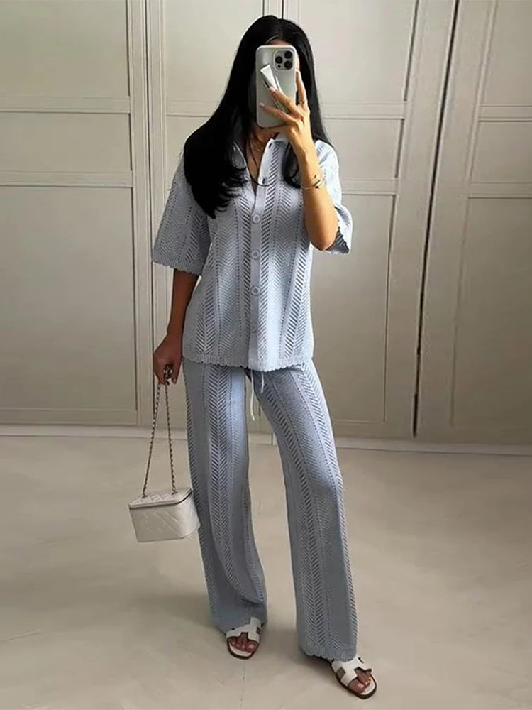 Fashion Hollow Out Knitted Long Pants Sets For Women Solid Single Breasted Short Sleeved Sweater Wide Leg Trouser 2 Pieces Suit
