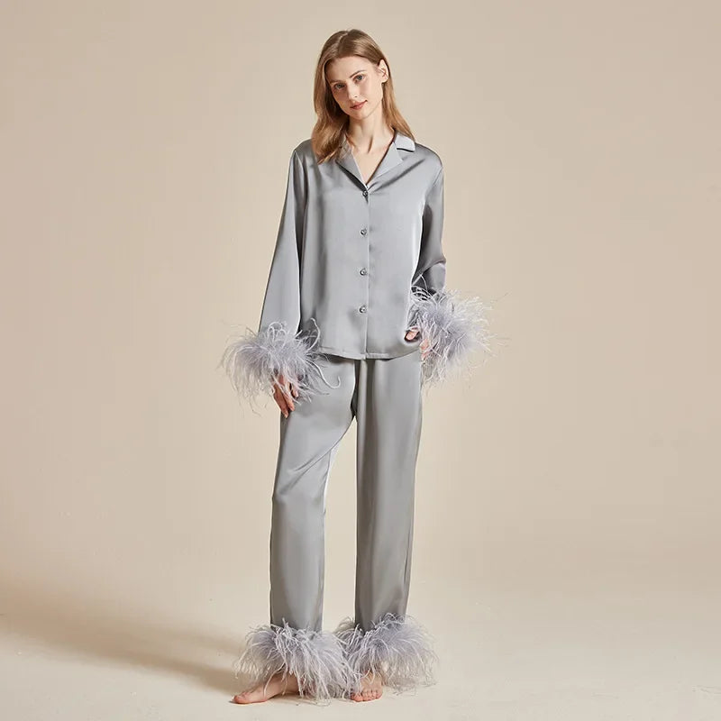 luxury feather‑trim satin pajama set
