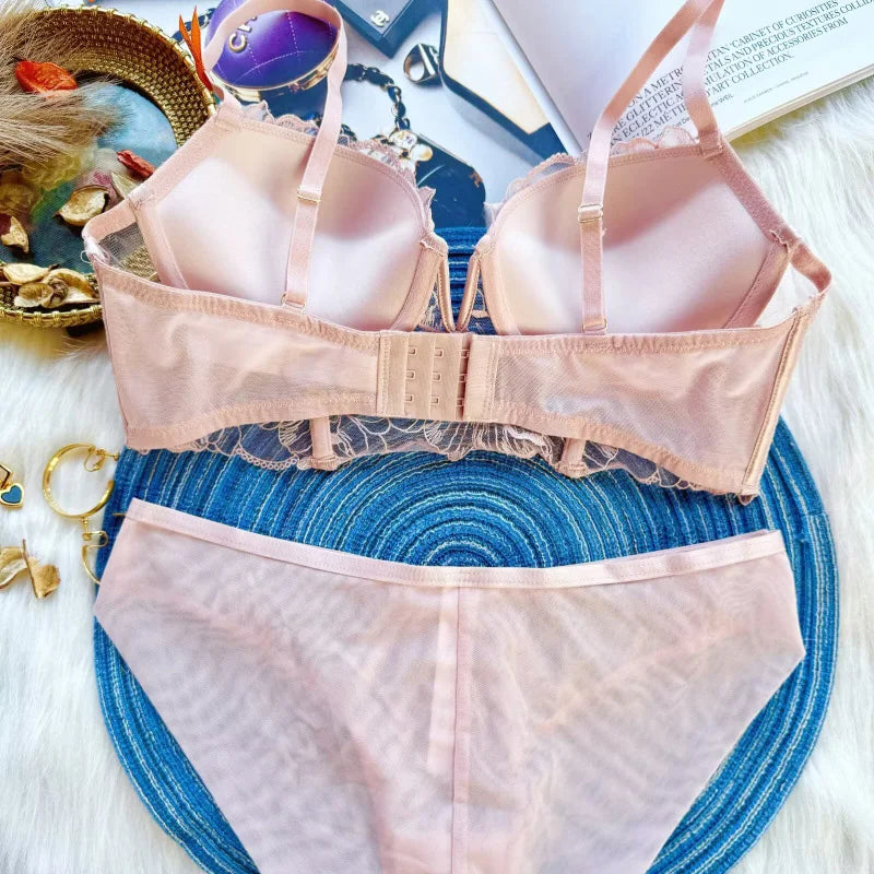 Big Size 70-85 BCD 2025 New Embroidery Deep-V Neck Lingerie For Women Sexy Underwear Thin Thicken Push Up Female Bra Pants Sets