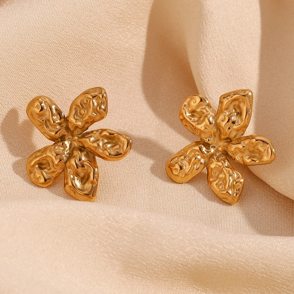 E.B.belle Hammered Five Petal Flower Stud Earrings Water Resistant 316L Stainless Steel Women's Earrings 18K Gold Plated Gift