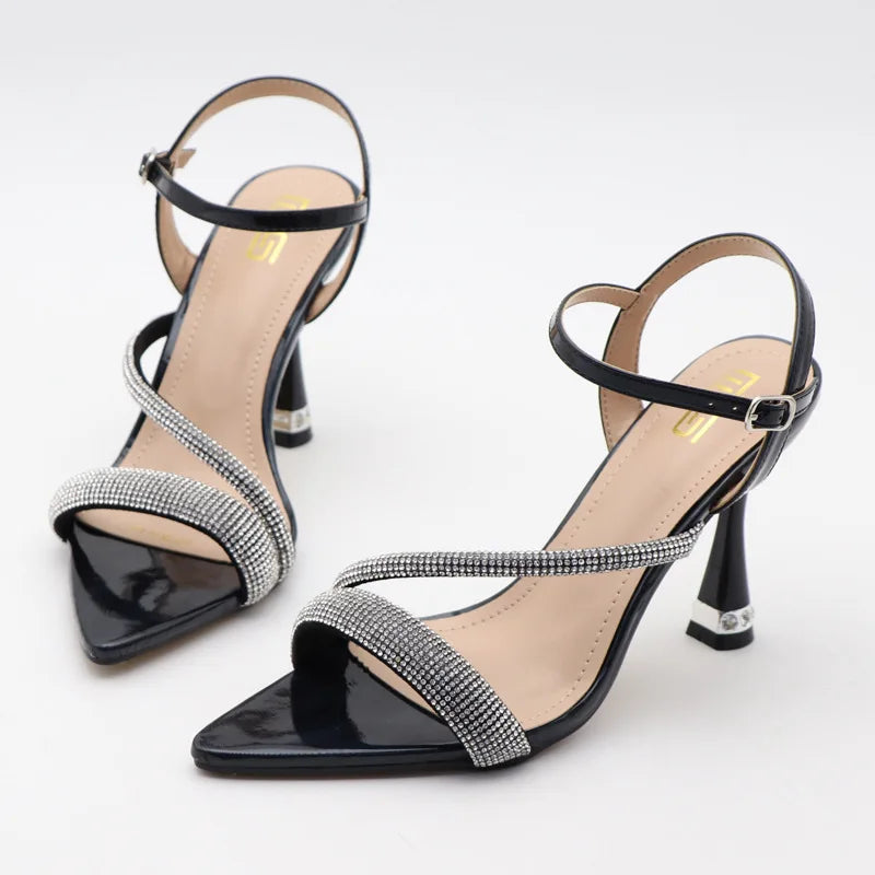 Luxury elegant green shoes 2025 summer new high heels fashion Joker fashion fairy sandals Rhinestone buckle with women's shoes