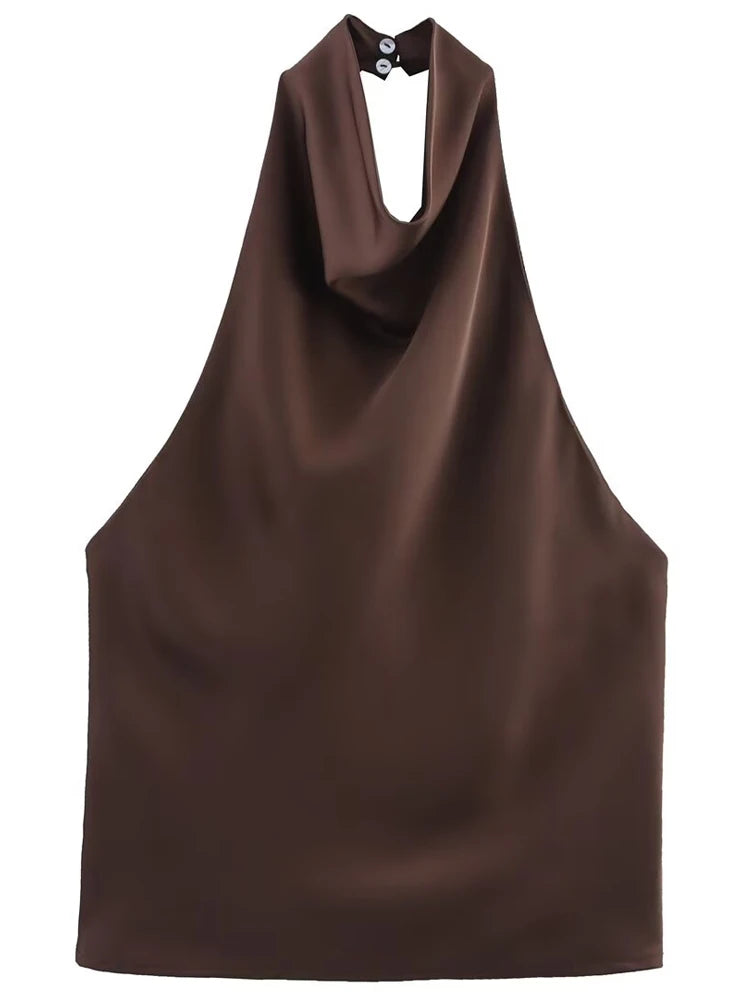 Women’s Satin Halter Backless Corset Top – Elegant Summer Sleeveless Tank in Yellow, Pink, Black