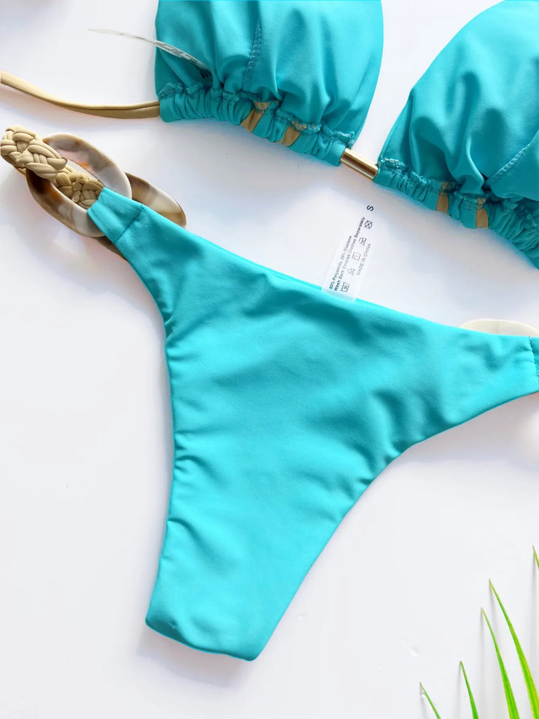Weave triangle swimsuit lady biquinis Brazilian women bikini ring sexy bathing suit 2025 two pieces suits Halter micro swimwear