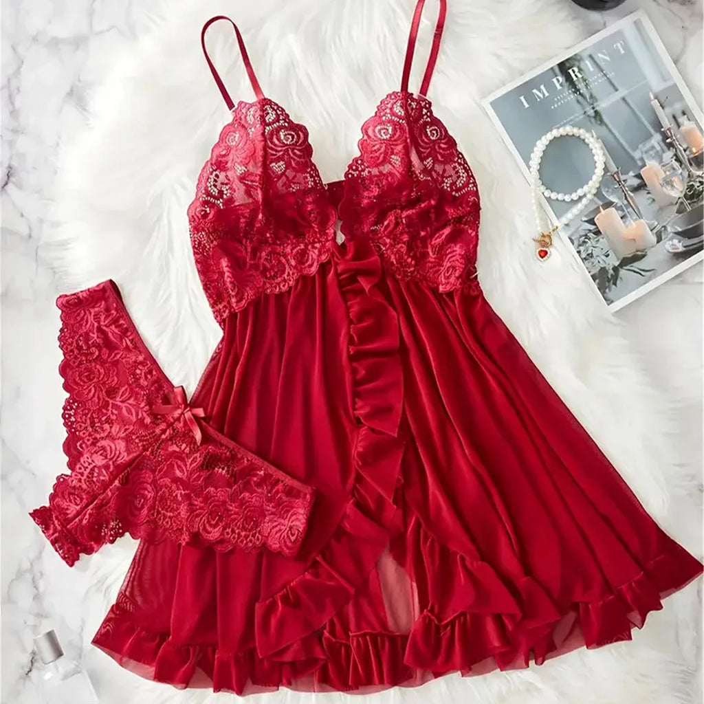 Red Sexy Lingerie Erotic Underwear Sets Transparent Porno Lace Bra And Panty Set Lingerie women Hot Sleepwear Babydoll Dress