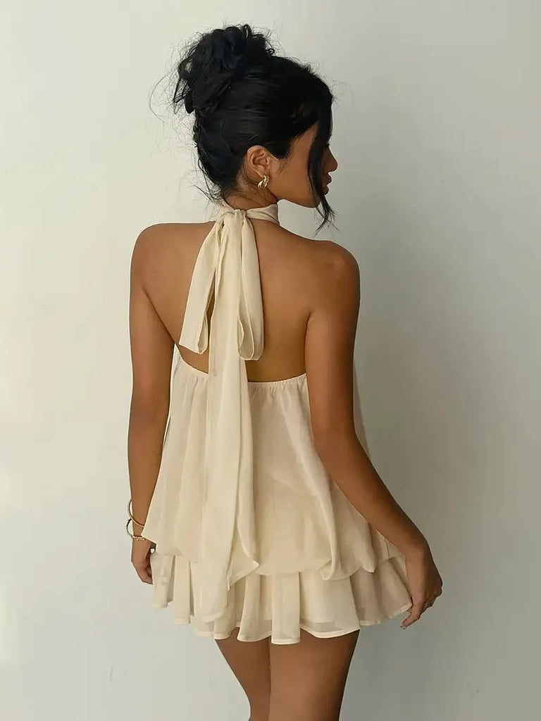 Women’s Backless Halter Neck Dress – Tie‑Front Chiffon Sheer Mini Skirt, Sexy Y2K Vintage Party Dress