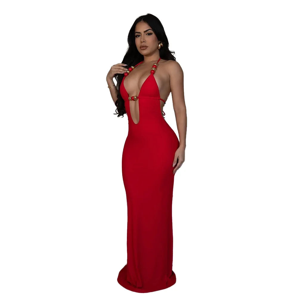 CM.YAYA Women Sleeveless Deep V-neck Halter Long Maxi Dress Summer Backless Beach Sexy Street Evening Night Club Party Dresses