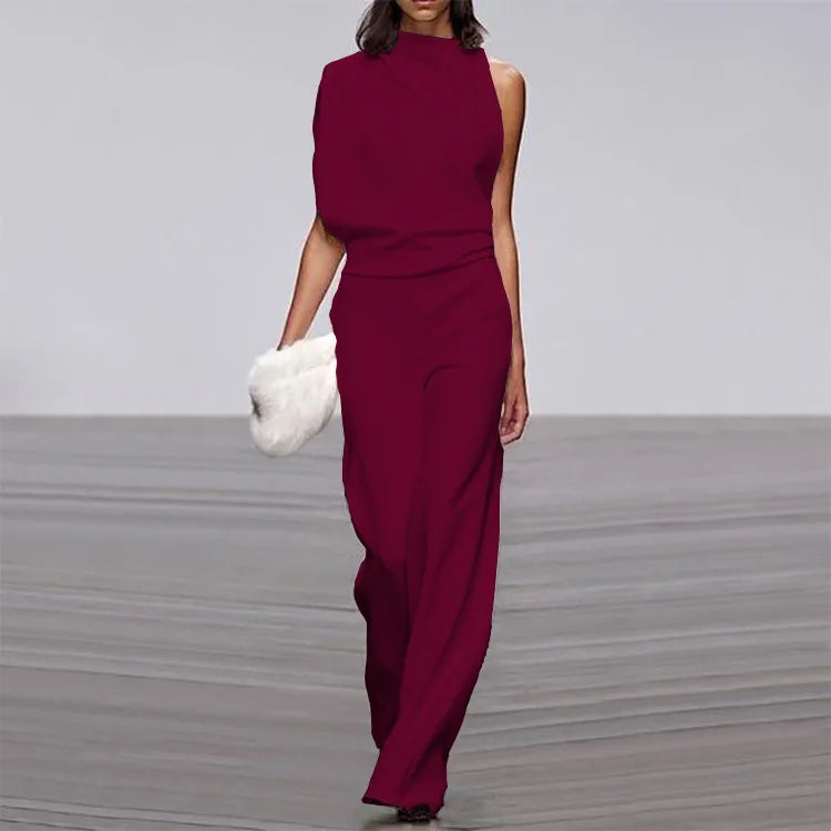 Solid Color Irregular Sleeveless Jumpsuits Women Fashion Temperament Sexy Backless Folds Slightly Flared Jumpsuit Female 2025