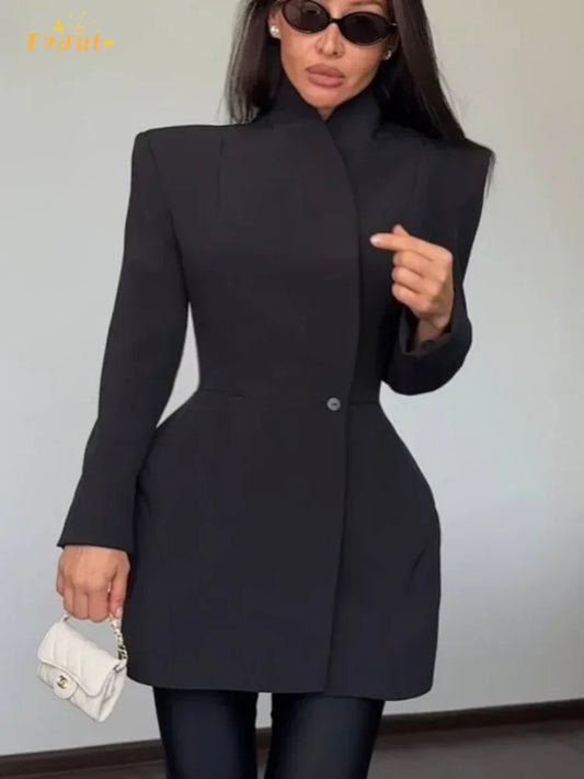 Women Waist Cinching Suit Jacket Elegant V-neck Full Sleeve Single Button Shoulder Pad Slim Coat Fashion Lady Commute Outerwear
