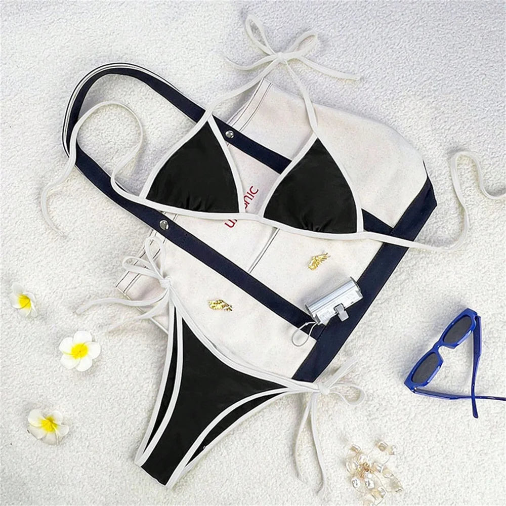 Women’s Vintage Blue Triangle Bikini – Border String Push‑Up Backless Extreme Swimsuit Beach Set
