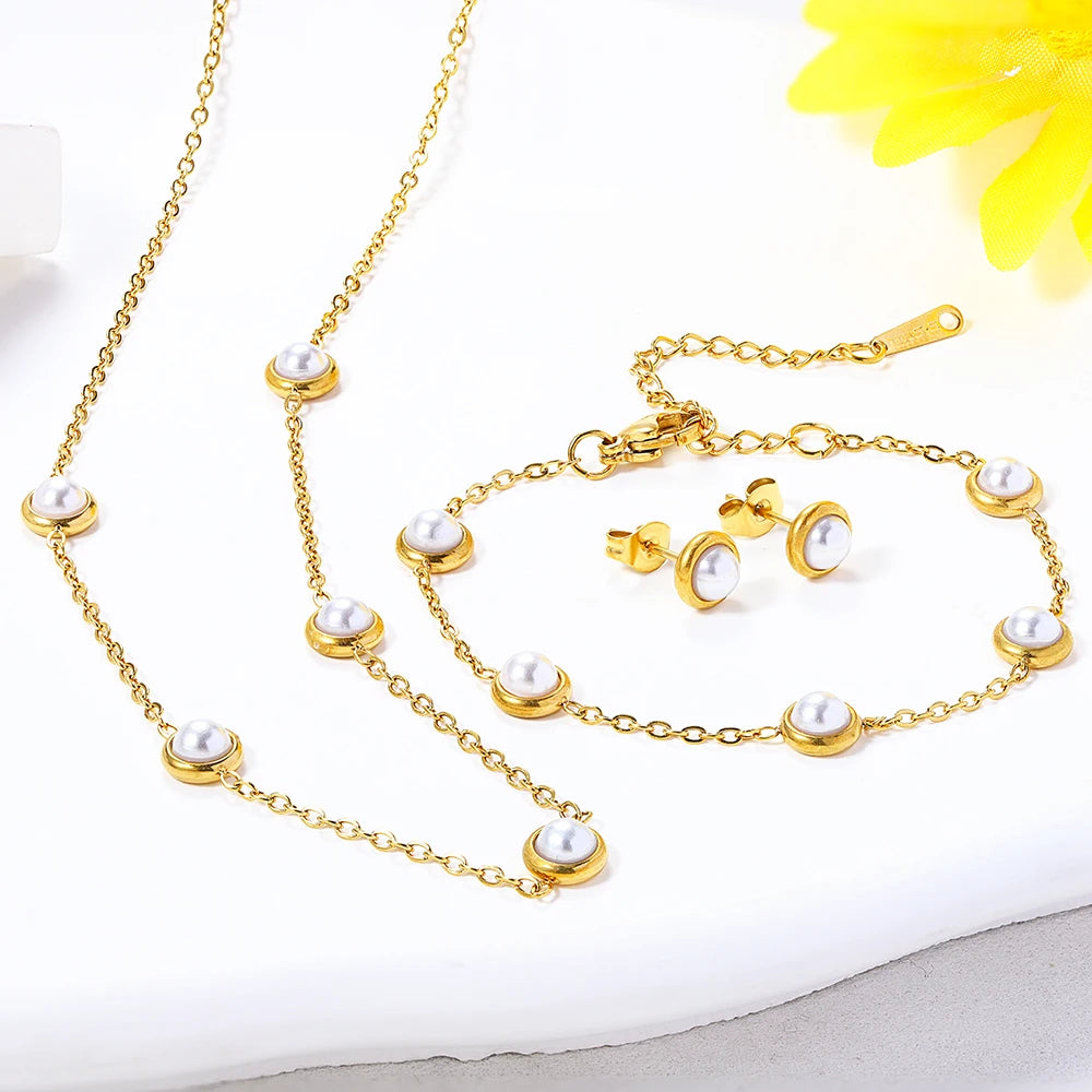 4pc minimalist high-end pearl women's necklace earrings titanium steel versatile bracelet personalized women's jewelry set