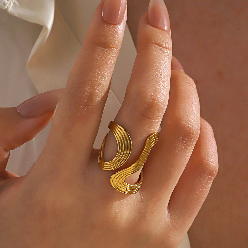 Stainless Steel Irregular Wave Rings for Women Men Creative Gold Color Adjustable Opening Ring Female Statement Jewelry Gifts