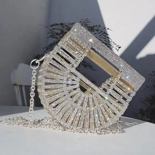 ﻿JIOMAY Half Moon Bag Rhinestone Purse Luxury Designer Handbags  Fan-Shaped   for Women |  Mini Shiny Basket Crystal Wedding Bag