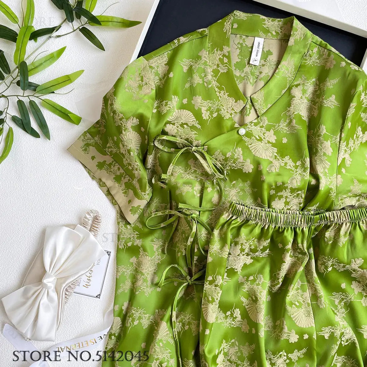 New Chinese Style Pajamas Women Jacquard Flower Sleepwear Short Sleeve Trouser Suits Spring Summer Silk Satin Nightwear Homewear