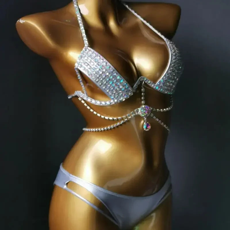 Diamante Bikini Sexy Nightclub Bar DJ Pole Dancing Bikini Sparkly Rhinestones Bra Shorts 2-Piece Set Party Performance Costume